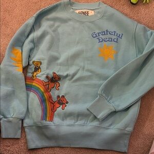 Rowdy Sprout Grateful Dead Blue Sweatshirt with Bear and Rainbow Design